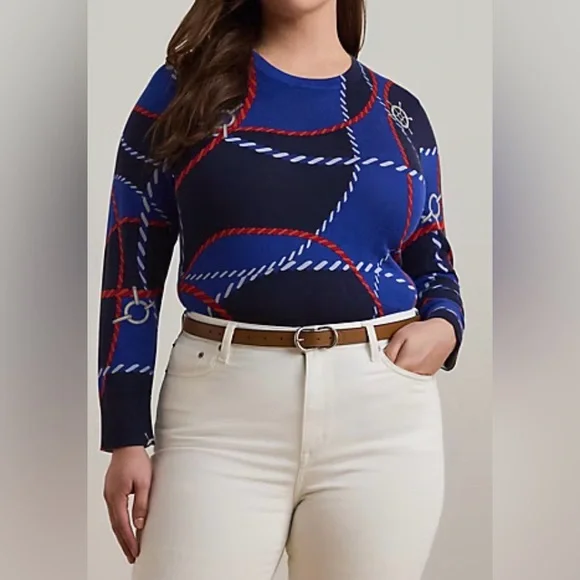 NWT Women Plus RALPH LAUREN Spring Beach Nautical Coastal Print light Sweater 2X - Picture 7 of 8